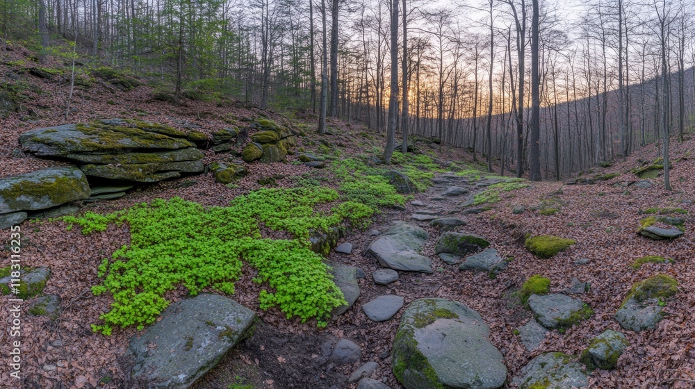 Obraz premium Sunset Forest Path Stone Steps and Green Groundcover