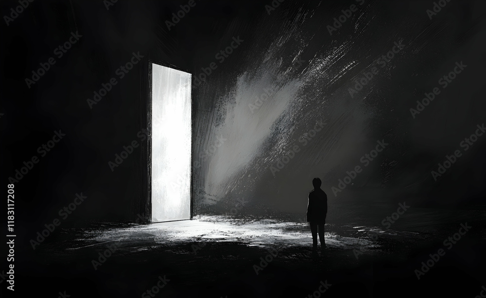 Obraz premium A Glimmer of Hope: Silhouette of a Person Before a Luminous Door in a Dark Environment