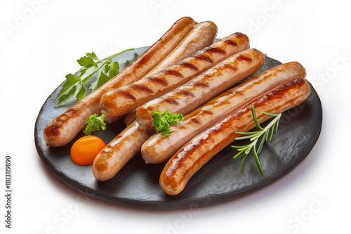 Grilled German Pork Sausages, munich sausage, isolated on white background. photo