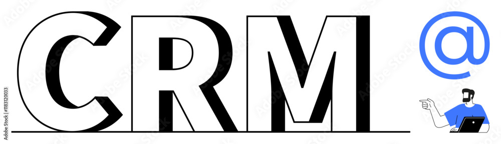 Large CRM text with symbol and person interacting with a laptop represents customer relationship management. Ideal for business strategy, communication, digital tools, CRM systems, customer support Large CRM text with symbol and person interacting with a laptop represents customer relationship management. Ideal for business strategy, communication, digital tools, CRM systems, customer support