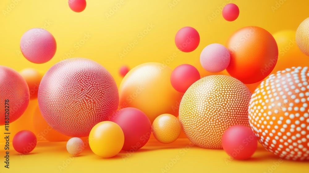 Vibrant Sphere Symphony: A 3D Render of Colorful Spheres on Yellow Background Vibrant Sphere Symphony: A 3D Render of Colorful Spheres on Yellow Background