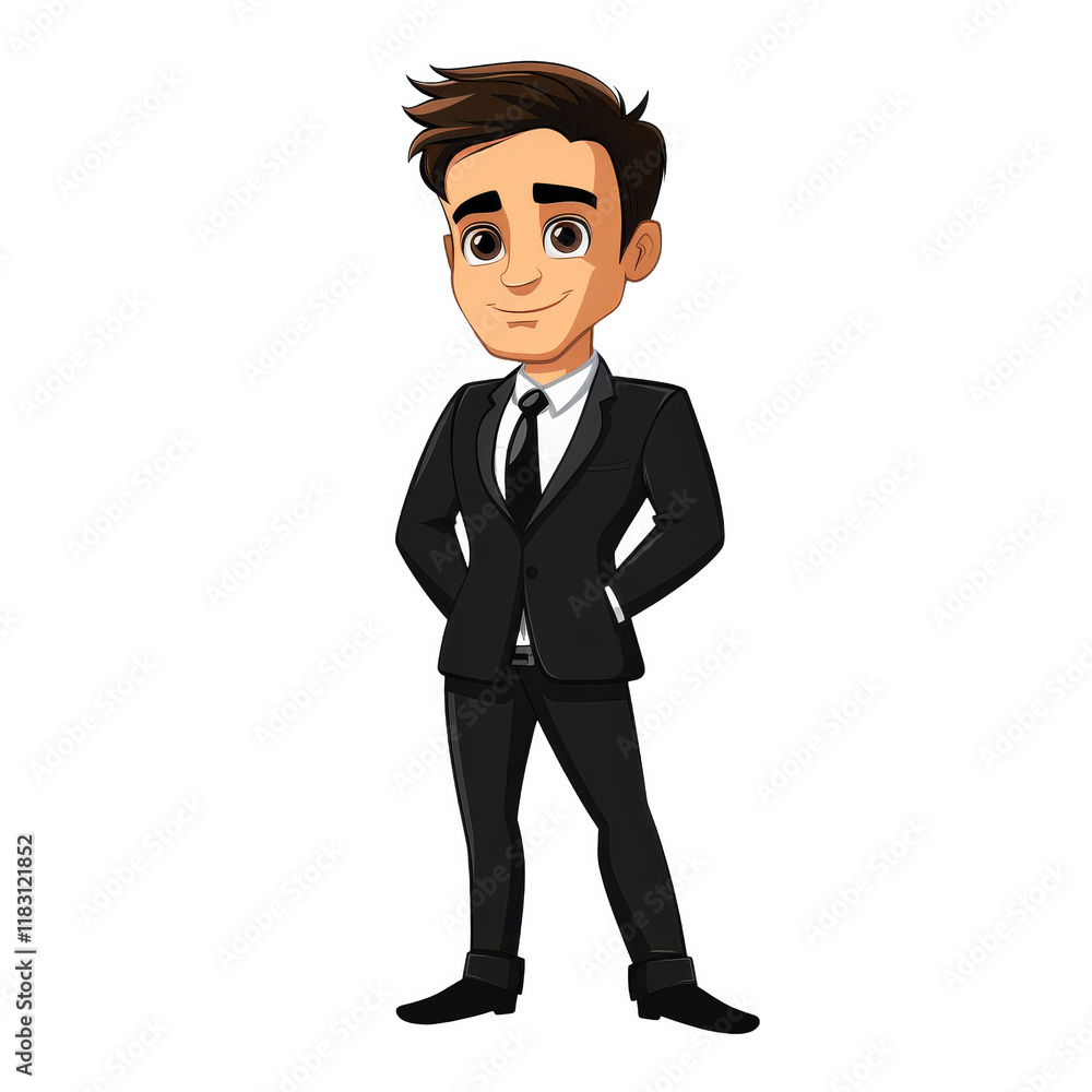 Obraz premium A cartoon businessman in a black suit with his hands in his pockets.