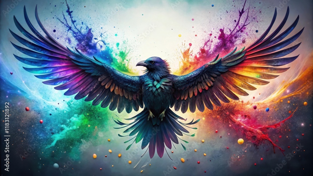 Obraz premium A majestic raven in vibrant flight, surrounded by a kaleidoscope of colorful paint splatter and cosmic dust.
