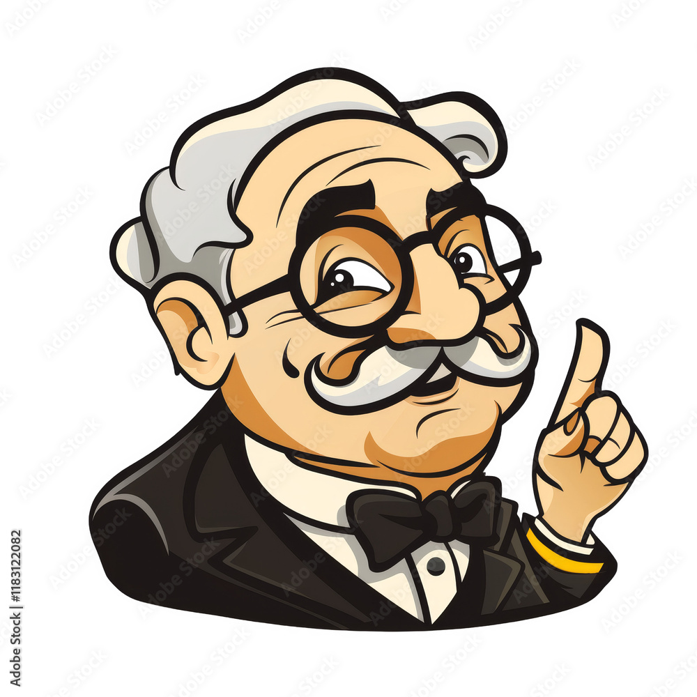 A cartoon illustration of a senior man with a mustache, glasses, and a bow tie, pointing his index finger up. A cartoon illustration of a senior man with a mustache, glasses, and a bow tie, pointing his index finger up.