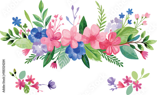 Watercolor Floral Border with Pink and Blue Flowers