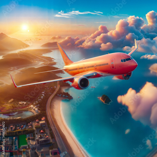 A red plane flies over the blue sea, there is a sandy beach below. It's time to go on vacation.
