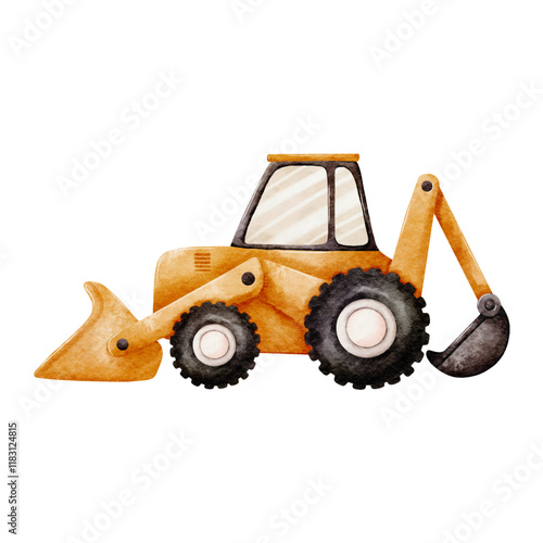 Construction Vehicle Watercolor Vector with Orange Backhoe on White Background design 007
