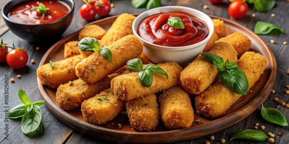 Golden-brown fried cheese sticks served with a vibrant tomato dipping sauce and fresh basil garnish on a rustic wooden plate Golden-brown fried cheese sticks served with a vibrant tomato dipping sauce and fresh basil garnish on a rustic wooden plate