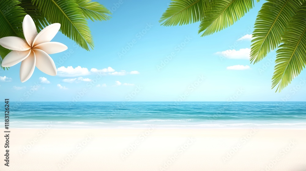 Naklejka premium Tropical Beach Paradise White Flower, Palm Leaves, Ocean View