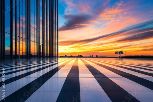 Modern architectural marvel with striking black and white stripes against a vibrant sunset sky photo