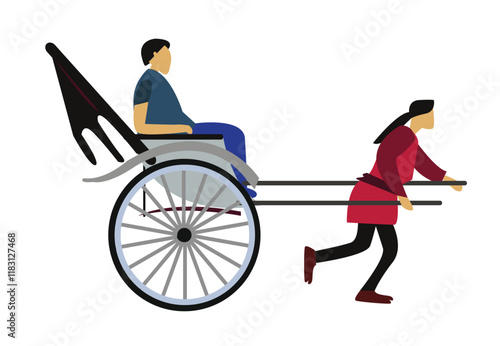 A female rickshaw driver who doubles as a tourist guide  pulls a male passenger. Editable Clip Art.
