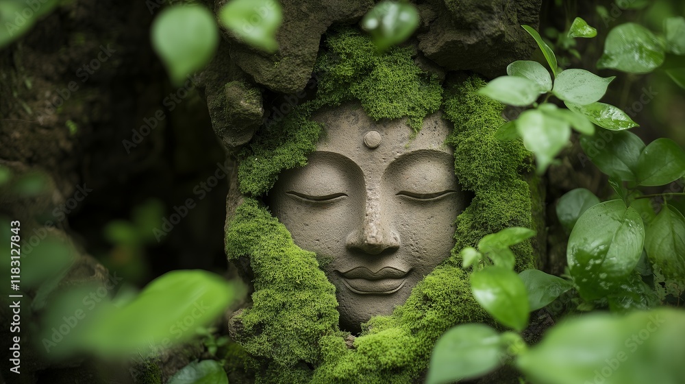Fototapeta premium Serene Buddha Face Surrounded by Greenery and Moss