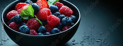 A bowl of berries with a green leaf photo