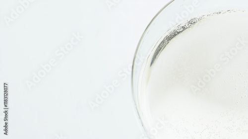 Close-up of a glass of water with a faint greenish tint, symbolizing arsenic contamination, on a plain white background with copy space. Environmental pollution and toxic substance danger concept.
