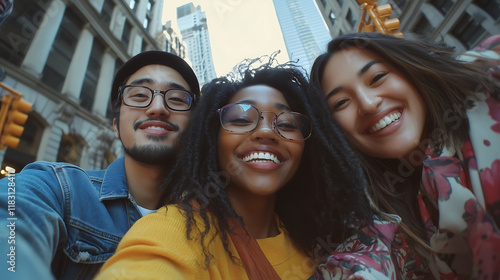 Diverse Group of Young Adults Smiling in an Urban City Street Setting