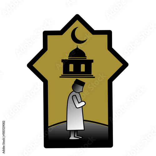Illustration vector graphic of muslim people who are praying with mosque vector background, vector design illustration of ramadan, eid, isra miraj, lailatul qadar and other islamic events