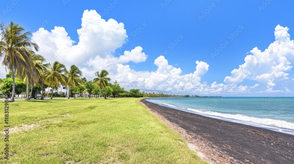 Tropical Paradise Black Sand Beach and Palm Trees Tropical Paradise Black Sand Beach and Palm Trees