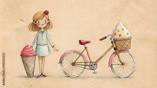 A drawing on a piece of paper that lies on the table. The picture shows a girl on a bicycle with sweets and ice cream.