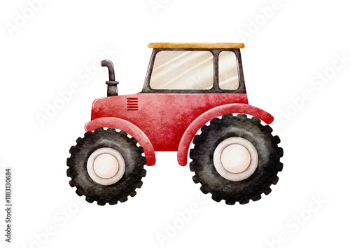 Farmer Vehicle Watercolor Vector with Red Tractor on White Background design