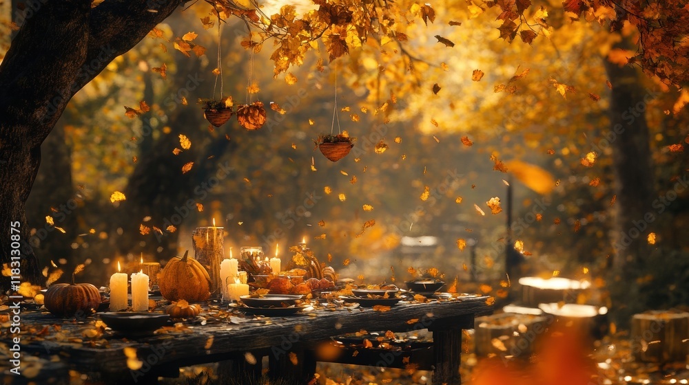 Naklejka premium Autumnal Feast Underneath Falling Leaves A Magical Table Setting