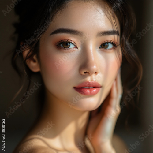 Wallpaper Mural High-quality portrait of an Asian woman with radiant skin and natural makeup, ideal for beauty, skincare, and cosmetics campaigns. Perfect for showcasing natural beauty concepts. Torontodigital.ca