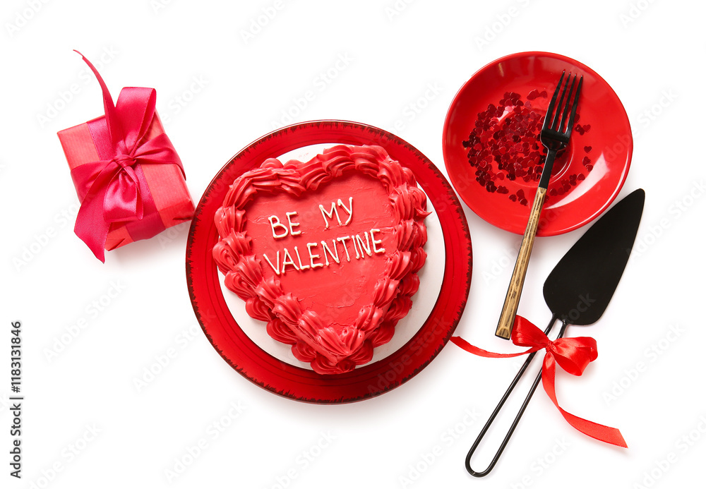 Fototapeta premium Plate with sweet bento cake and gift box on white background. Valentine's Day celebration