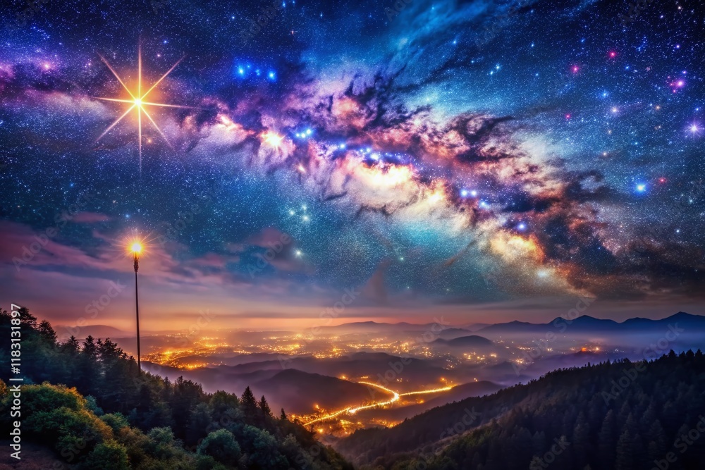 Naklejka premium Magical Starry Night: Aerial View of a Sparkling Wand