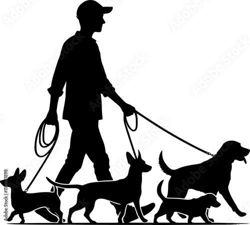 Male dog walker sitter walking with group of pets silhouette vector graphic