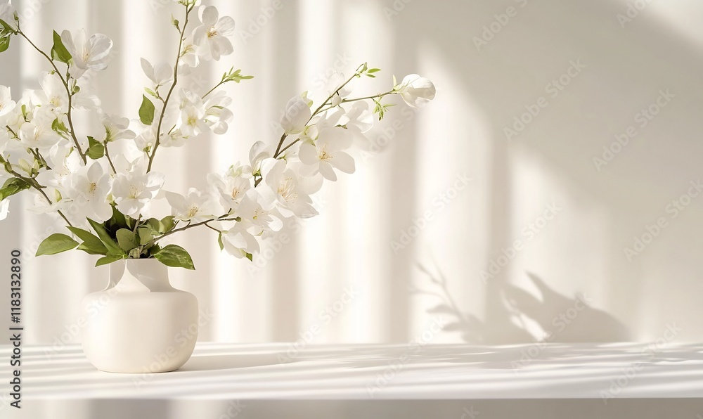 Elegant White Vase with Flowers on Sunlit Table - Ideal for Home Decor Inspiration Elegant White Vase with Flowers on Sunlit Table - Ideal for Home Decor Inspiration