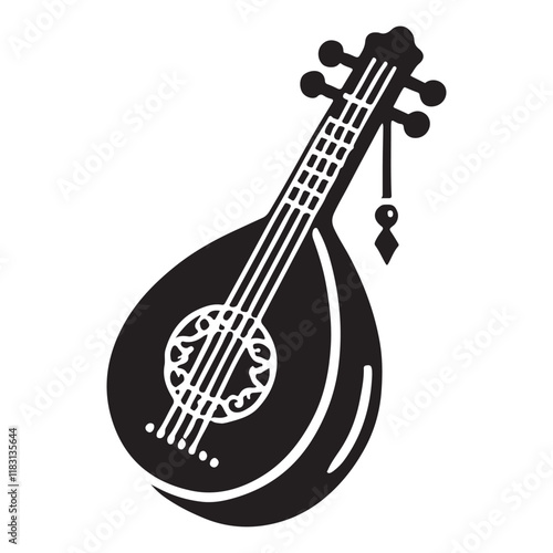 Lute Silhouette Vector Illustration, Solid White Background.