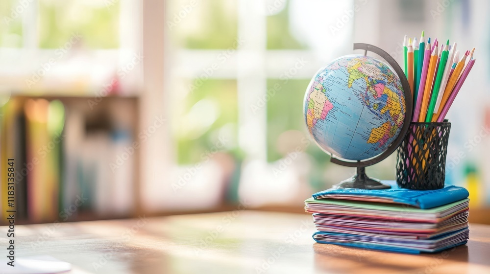 Colorful Globe and Stationery on a Wooden Desk, Educational Workspace with Books and Bright Window Light, Ideal for Learning and Teaching Purposes