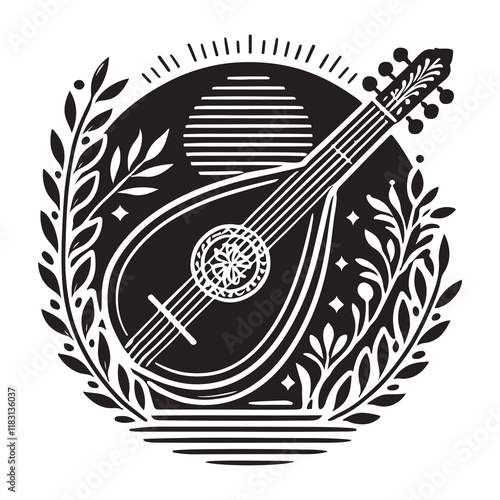 Lute Silhouette Vector Illustration, Solid White Background.