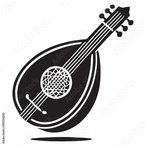 Lute Silhouette Vector Illustration, Solid White Background.