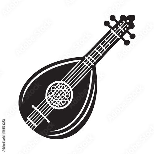 Lute Silhouette Vector Illustration, Solid White Background.