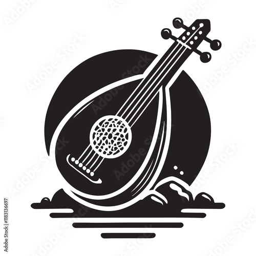 Lute Silhouette Vector Illustration, Solid White Background.
