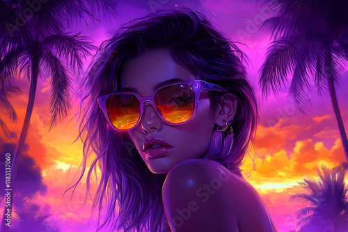 Stylish Woman Wearing Vibrant Sunglasses Reflecting Tropical Sunset with Palm Trees – Ideal for Fashion, Summer, and Tropical-Themed Creative Projects