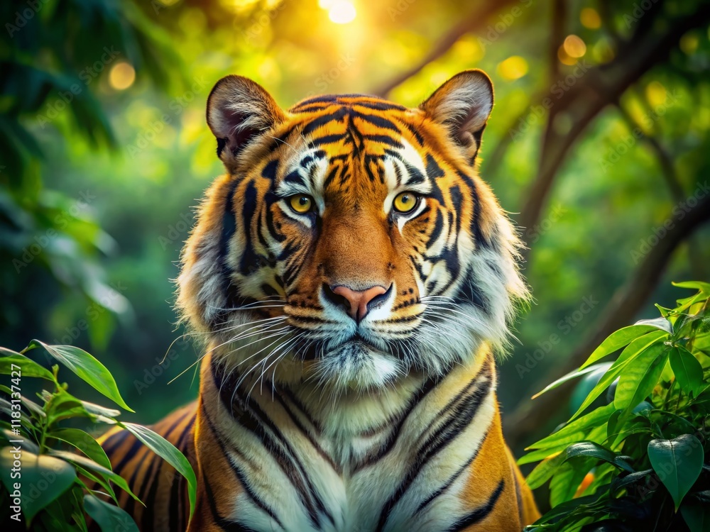 Fototapeta premium Majestic Bengal Tiger in Lush Jungle, Rule of Thirds Composition
