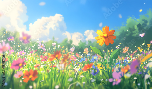 Vibrant Field of Wildflowers Blooming Under a Bright Blue Sky with One Prominent Orange Flower Standing Out – Perfect for Spring, Nature, and Scenic Designs