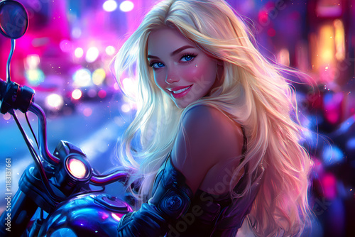 Vibrant Portrait of a Smiling Blonde Woman on a Motorcycle in a Neon-Lit Urban Scene – Perfect for Cyberpunk, Fashion, and Creative Visual Design Projects