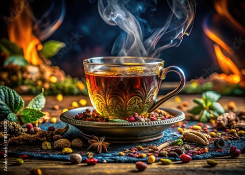 Close-up details reveal the warm, inviting textures of brewed Qahwa tea, its herbal infusion, and aromatic spices in a captivating macro shot. photo