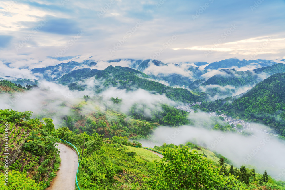 Naklejka premium Shooting Beautiful Villages in High Mountain Canyon of Anhui Province, China from the Sky On April 22, 2024