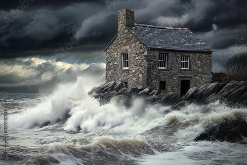 House Built On A Rock With Stormy Ocean Waves Crashing Against It 