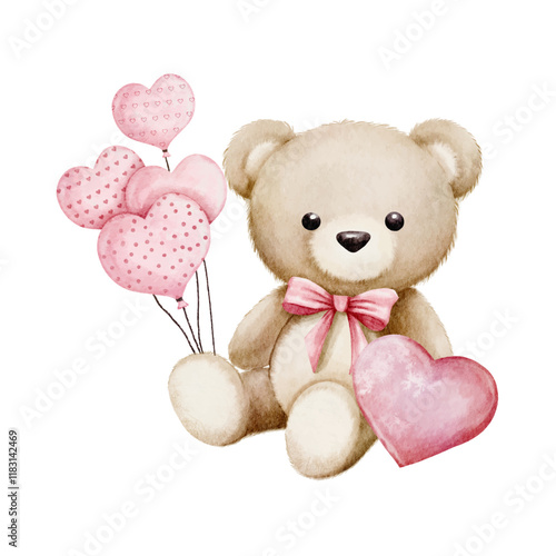 Valentine s Day Watercolor Vector with Teddy Bear Holding Hearts Balloon Vintage style on White Background design