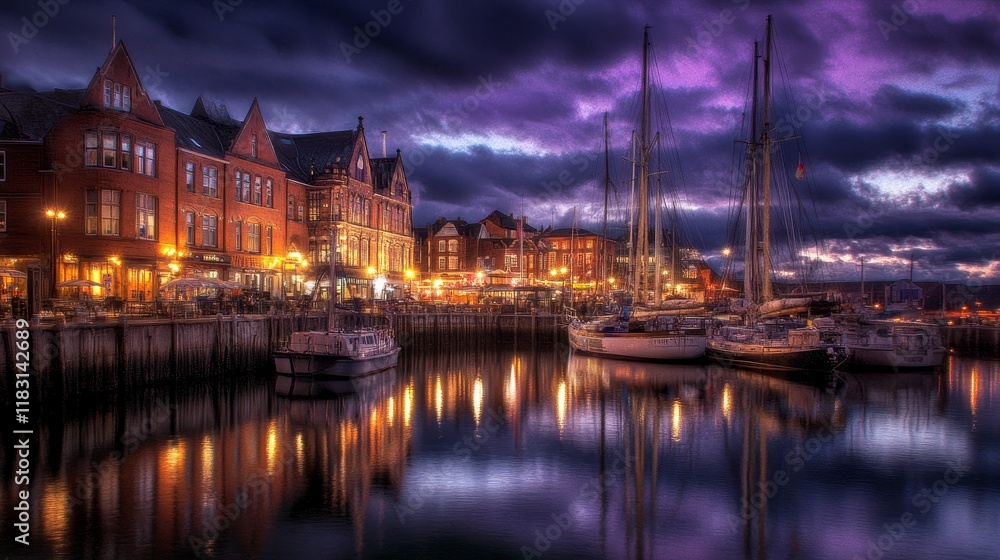 Naklejka premium Twilight Harbor Coastal Town at Dusk with Sailboats
