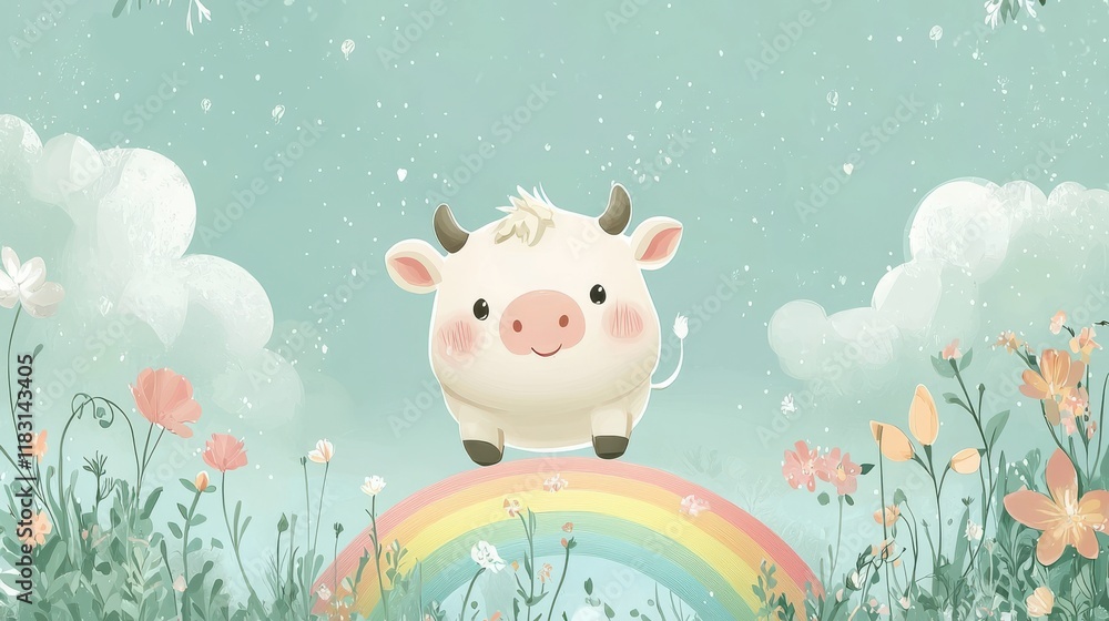 Fototapeta premium Joyful cartoon cow leaping over a giant rainbow in a whimsical dreamland for children’s art