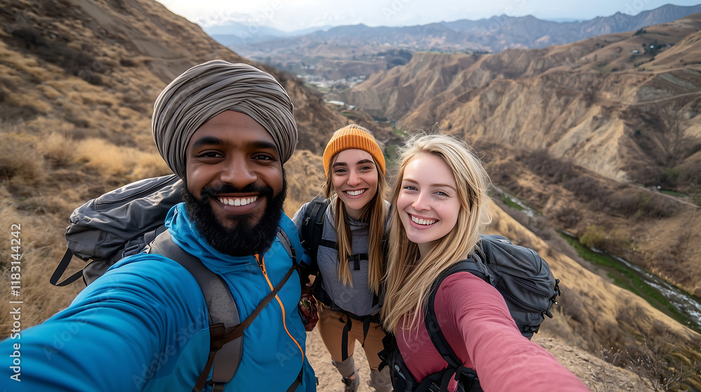 Diverse Group of Friends Hiking with Backpacks in Scenic Mountain Valley Diverse Group of Friends Hiking with Backpacks in Scenic Mountain Valley