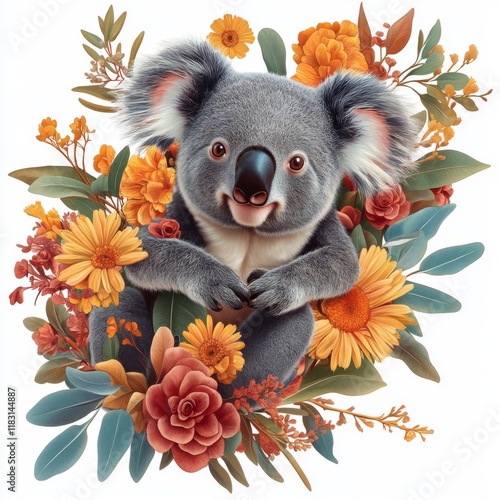 Cute koala surrounded by colorful flowers nature scene digital art whimsical atmosphere close-up view wildlife concept photo