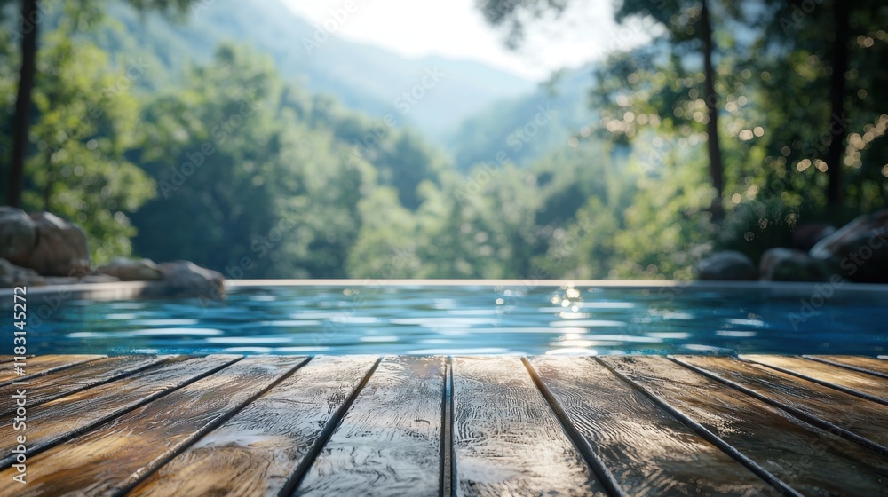Tranquil poolside reflection serene nature setting close-up wooden deck lush green environment calm perspective Tranquil poolside reflection serene nature setting close-up wooden deck lush green environment calm perspective