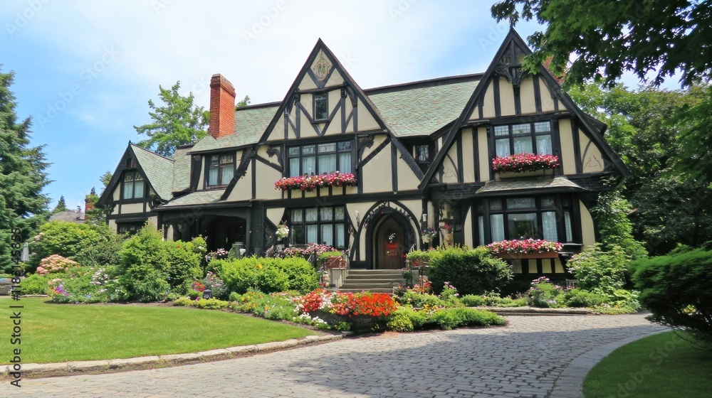 Quaint Tudor-style house with ornate wooden beams, flower boxes in the windows, and a cobblestone street in the foreground Quaint Tudor-style house with ornate wooden beams, flower boxes in the windows, and a cobblestone street in the foreground