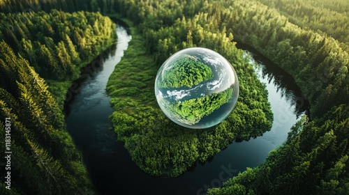 A large sphere is floating in the middle of a river